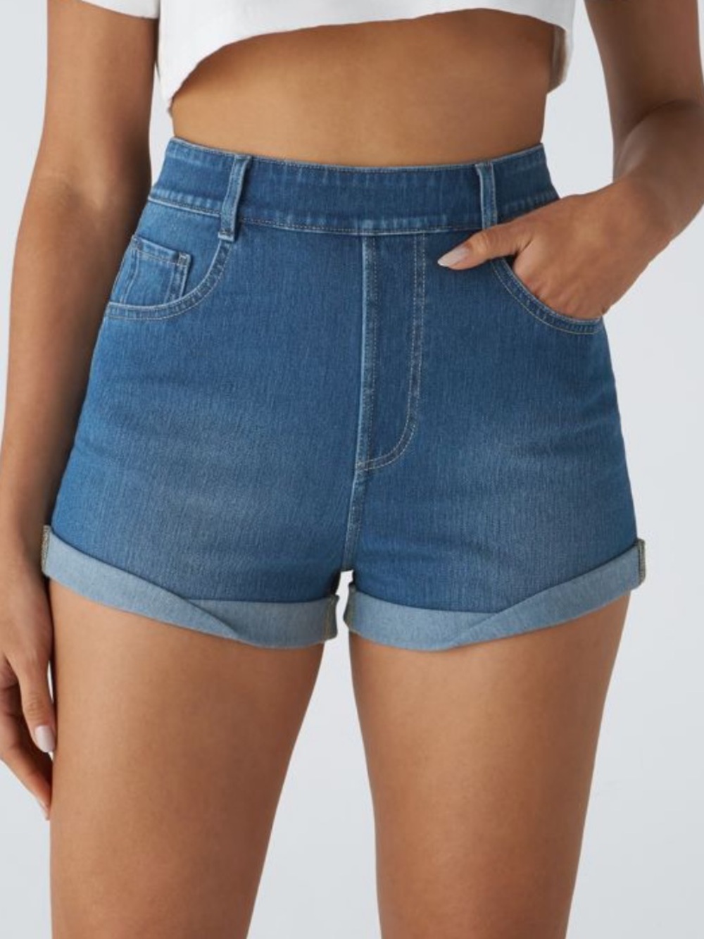 Halara Flex™ High Waisted Pockets Rolled Hem Washed Denim Casual Shorts